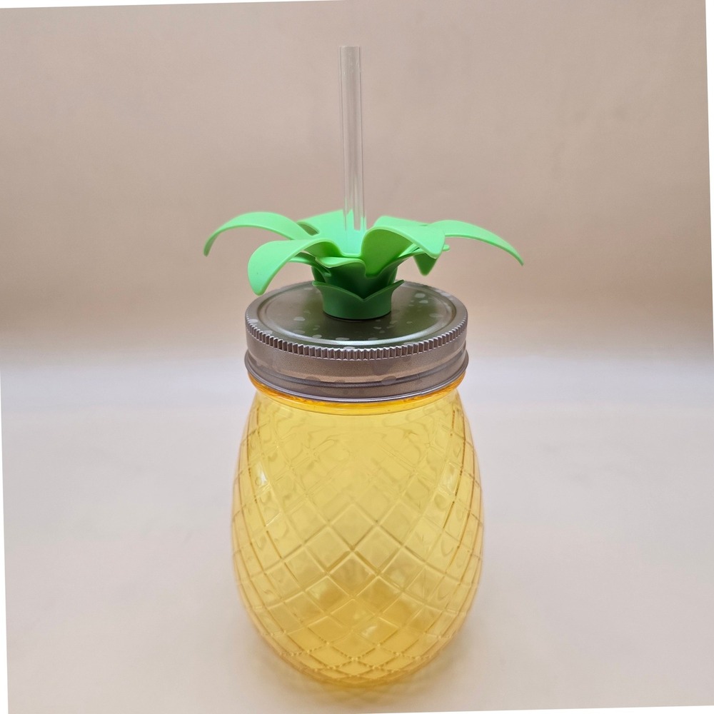 Pineapple Shaped Tumbler Yellow Plastic Mason Jar Cup with Straw & Green Leaves